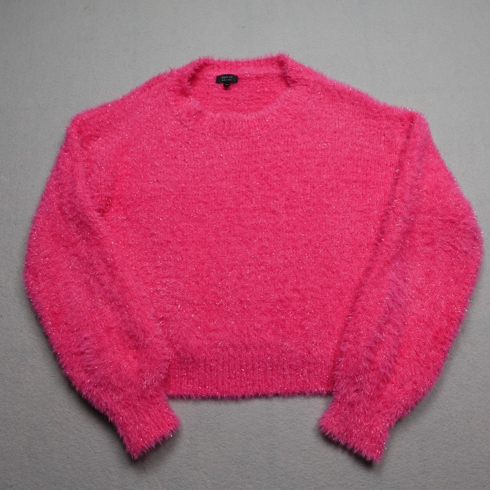 Debut Sweater Women SM Hot Pink Fuzzy Eyelash Metallic Sparkle Cropped CA9788-B